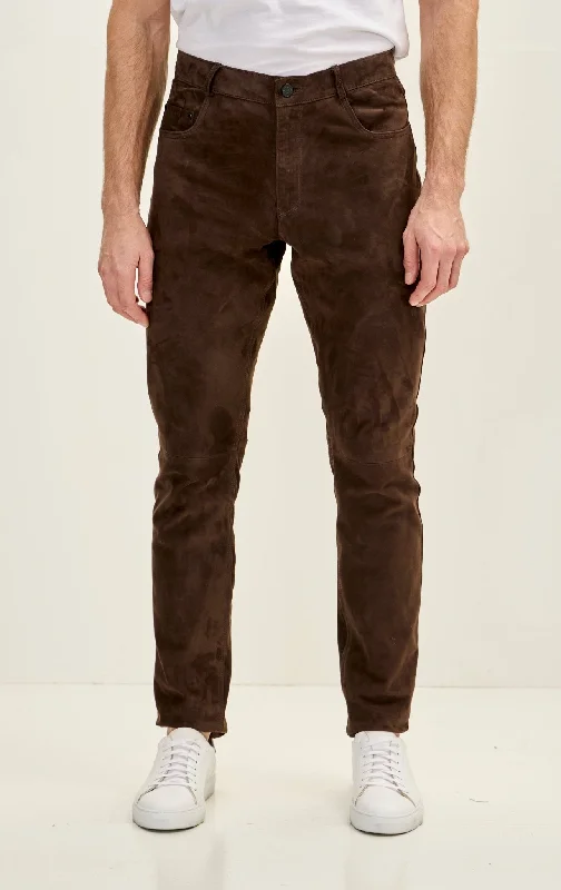 Trendy Comfort Wear Men's Genuine Lambskin Fitted Suede Pants - Chocolate Brown