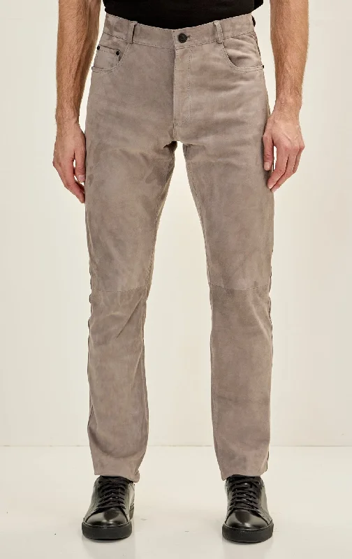 Minimal Style Men's Genuine Lambskin Fitted Suede Pants - Grey