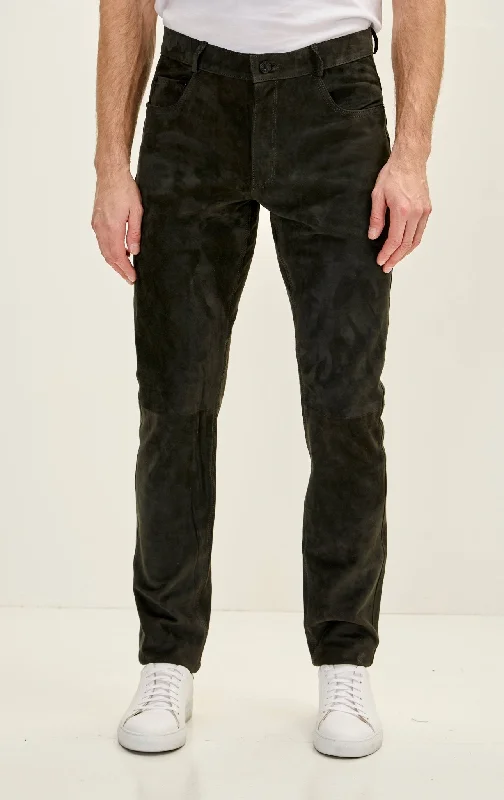 Fresh And Natural Men's Genuine Lambskin Fitted Suede Pants - Khaki