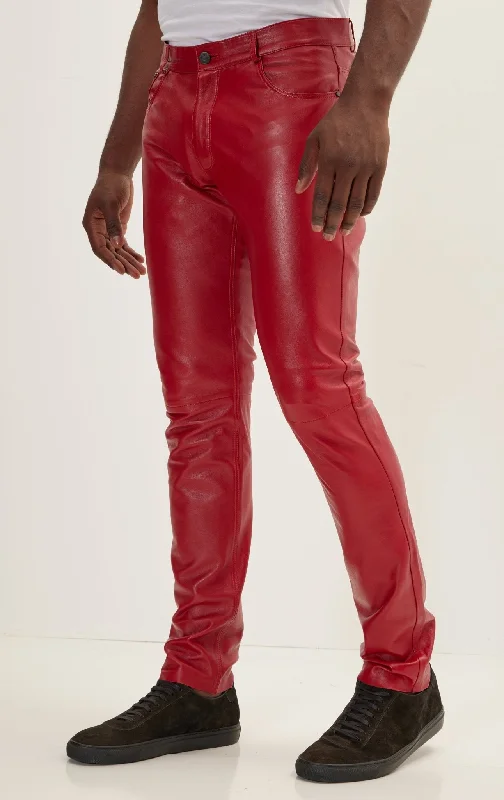 Elegant Casuals Genuine Lambskin Leather Pants - Red