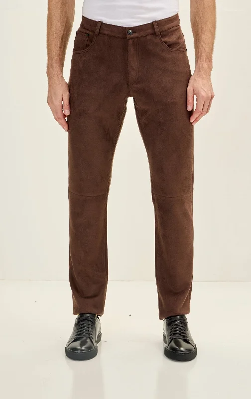 Embroidered Letters Men's Slim Tapered Microsuede Pants - Dark Brown