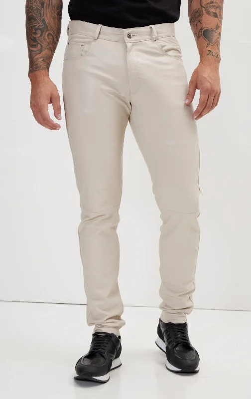 Soft Feel Genuine Lambskin Leather Pants - Beige