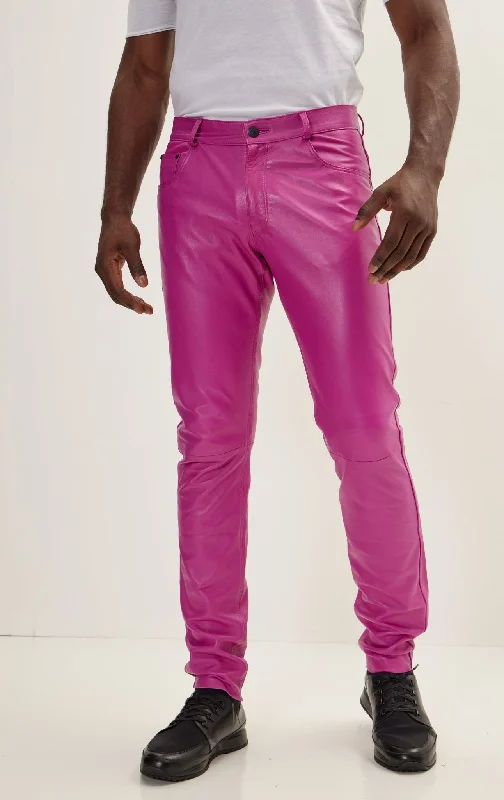 Casual Fit Genuine Lambskin Leather Pants - Fuchsia