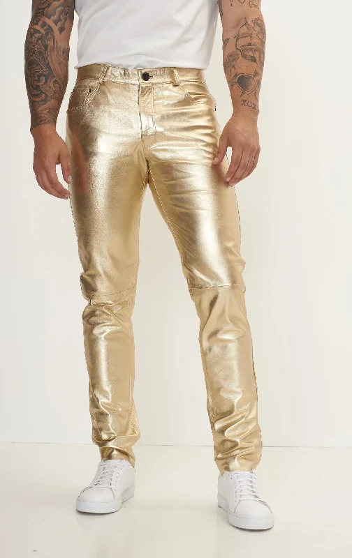 Comfy Dress Genuine Lambskin Leather Pants - Gold