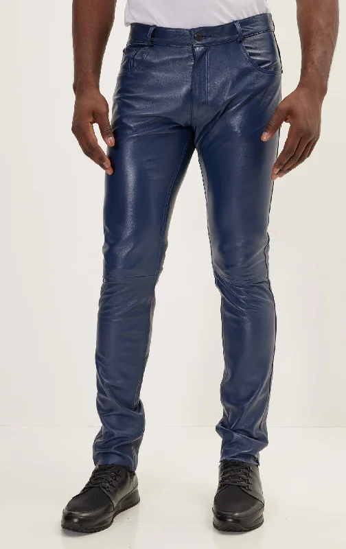 Relaxed Fashion Genuine Lambskin Leather Pants - Navy