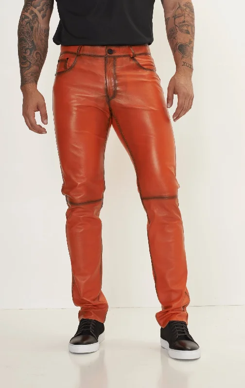 Cozy Fitting Genuine Lambskin Leather Pants - Orange Tint