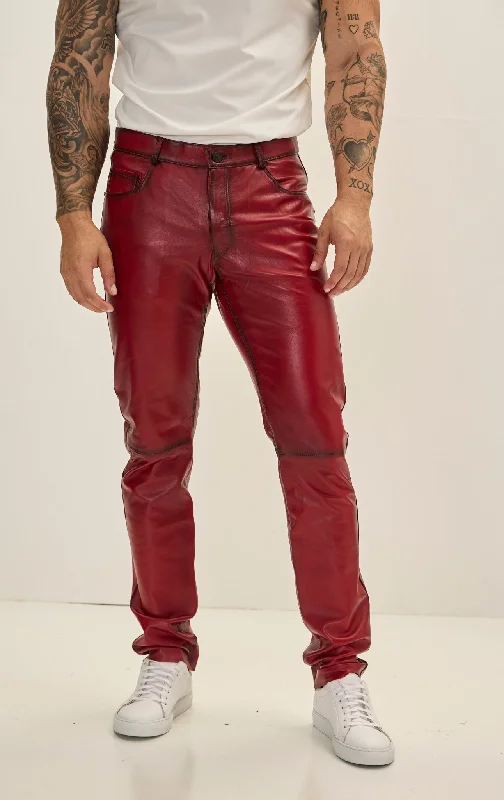 Sporty Wear Genuine Lambskin Leather Pants - Red Tint