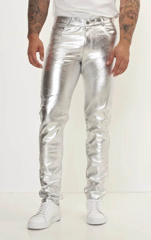 Light Comfort Genuine Lambskin Leather Pants - Silver
