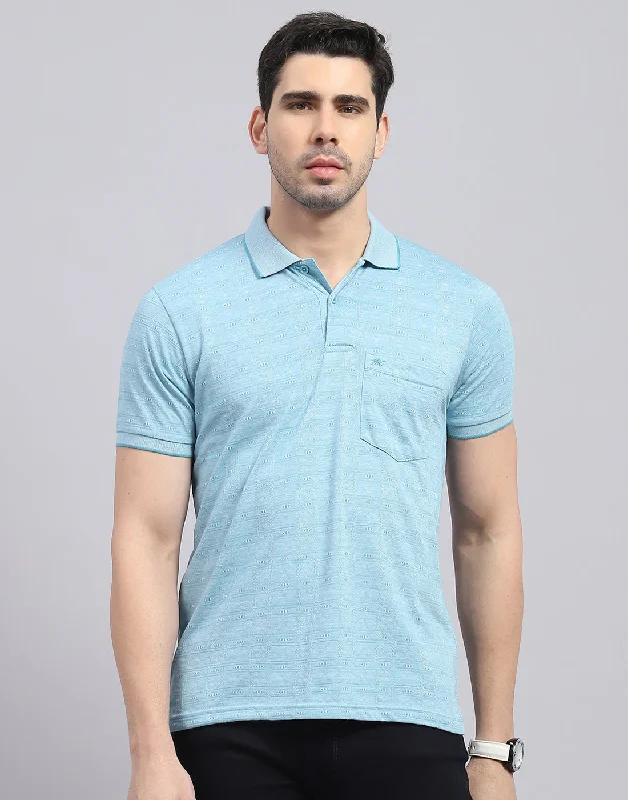 Cozy Fitting Men Blue Printed Polo Collar Half Sleeve T-Shirt