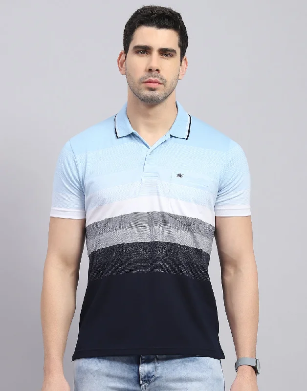 Breezy Outfits Men Blue Stripe Polo Collar Half Sleeve T-Shirt