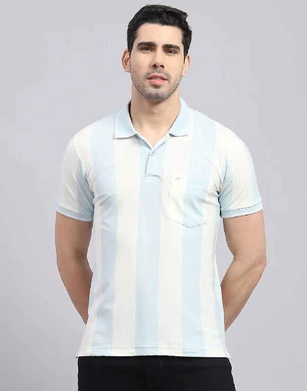 Cozy Lounge Wear Men Blue Stripe Polo Collar Half Sleeve T-Shirt