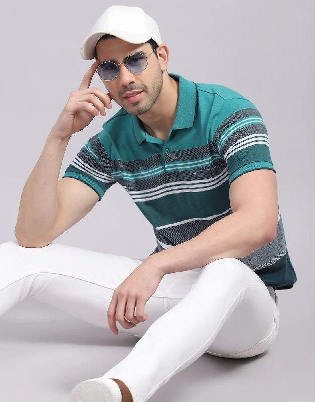 Cozy Lifestyle Men Turquoise Blue Stripe Polo Collar Half Sleeve T-Shirt