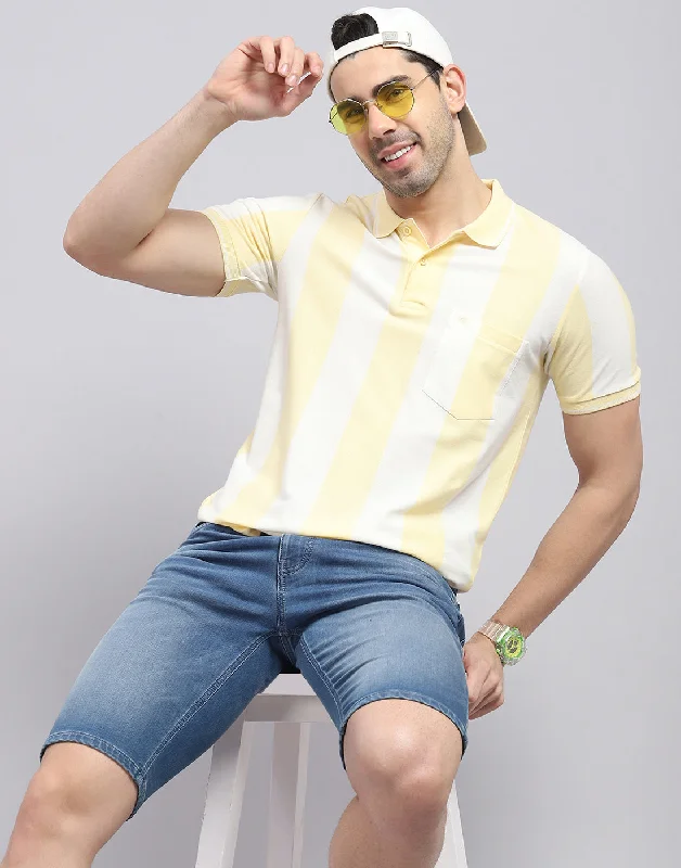 Comfy Chic Wear Men Yellow Stripe Polo Collar Half Sleeve T-Shirt