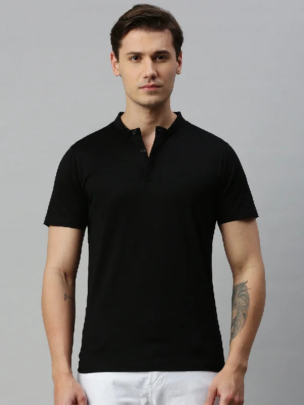 Fashionable Inner Wear Men Black Smart Fit Mandarin Collar T-shirt MM1