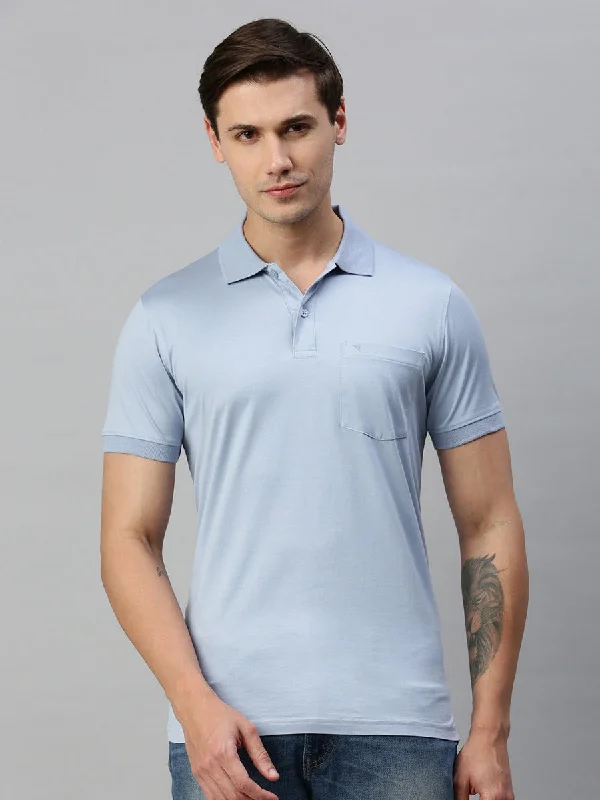 Refreshing Design Mercerised Polo Flat Collar T-Shirt Blue with Chest Pocket MP6