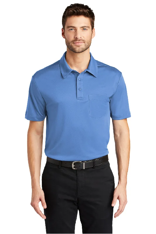 Loose Fit Port Authority Mens Silk Touch Performance Moisture Wicking Short Sleeve Polo Shirt w/ Pocket - Carolina Blue