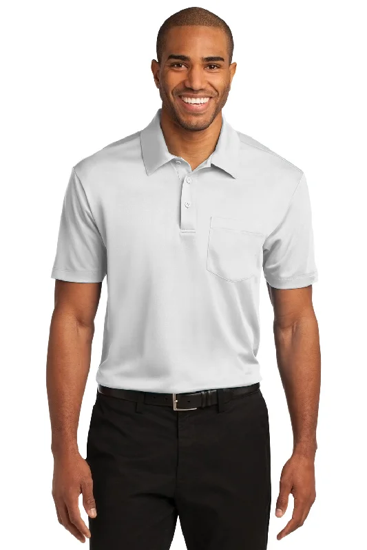 Printed Patterns Port Authority Mens Silk Touch Performance Moisture Wicking Short Sleeve Polo Shirt w/ Pocket - White - Closeout Printed Patterns Port Authority Mens Silk Touch Performance Moisture Wicking Short Sleeve Polo Shirt w/ Pocket - White - Closeout