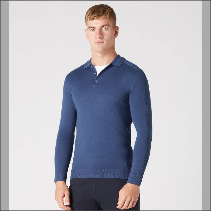 Minimalism Reums Uomo Slim Fit Merino Wool-Blend Blue Polo^