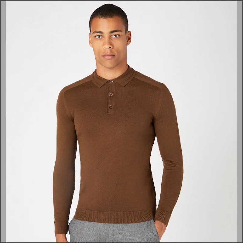 Classic Reums Uomo Slim Fit Merino Wool-Blend Brown Polo^