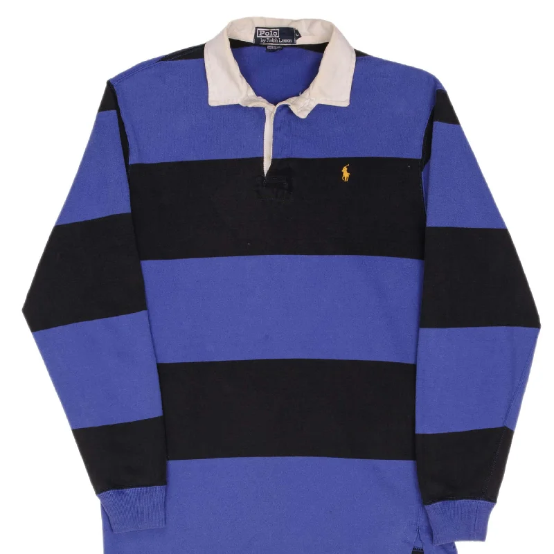 VINTAGE RALPH LAUREN BLACK & BLUE STRIPED RUGBY POLO SHIRT 1990S LARGE MADE USA