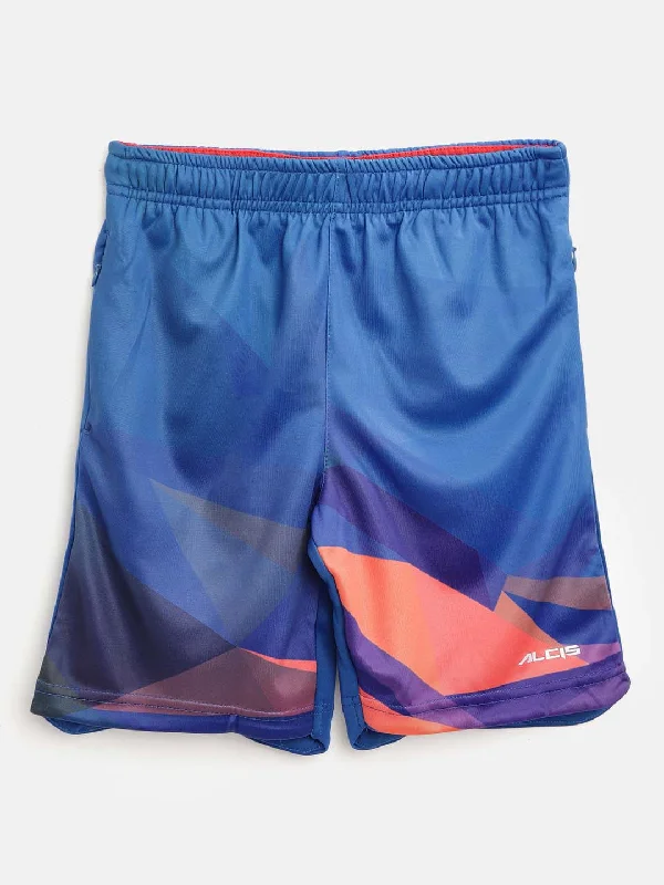 Cool Style Alcis Boys Blue Solid Regular Fit Geometric Print Detail Sports Shorts